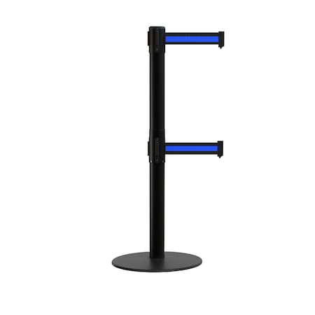 Montour Line Stanchion Dual Belt Barrier Flat Base Black Post 9ft.Bk/Bl Belt S400D-BK-BBH-90